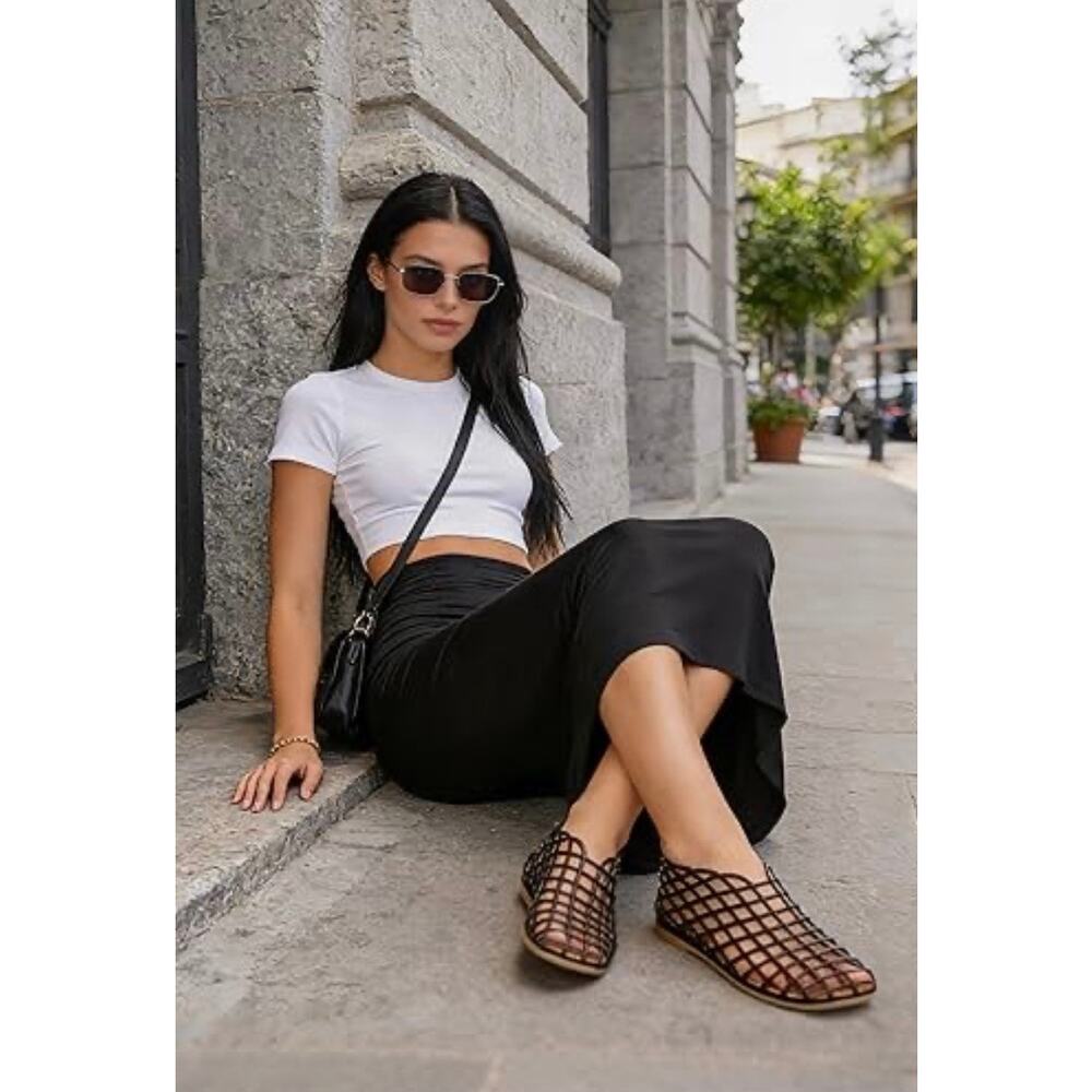 Black Jelly Mesh Ballet Flats for Women Clear Hollow Jellies Flat Sandals - Picture 5 of 8